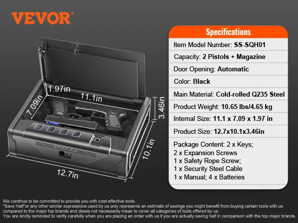 SucceBuy Gun Safe Q235 Steel Pistol Safe 3-Way Quick Access Firearm Case Gun Box Advanced Biometric Technology Travel Gun Safe