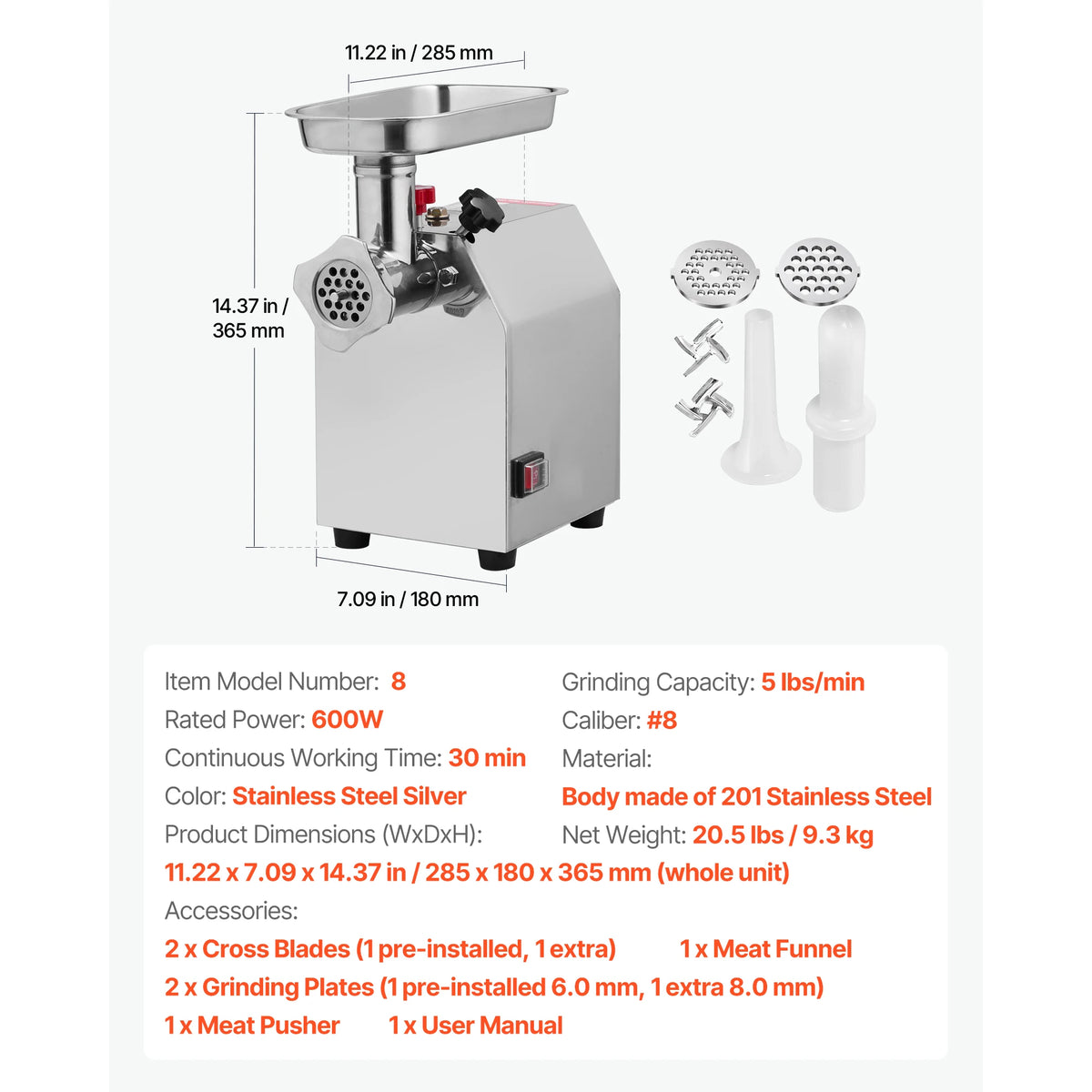 SucceBuy Commercial Electric Meat Grinder 7/5 lbs min #12/8 Industrial Meat Mincer with 2 Grinding Plates for Kitchen Restaurant