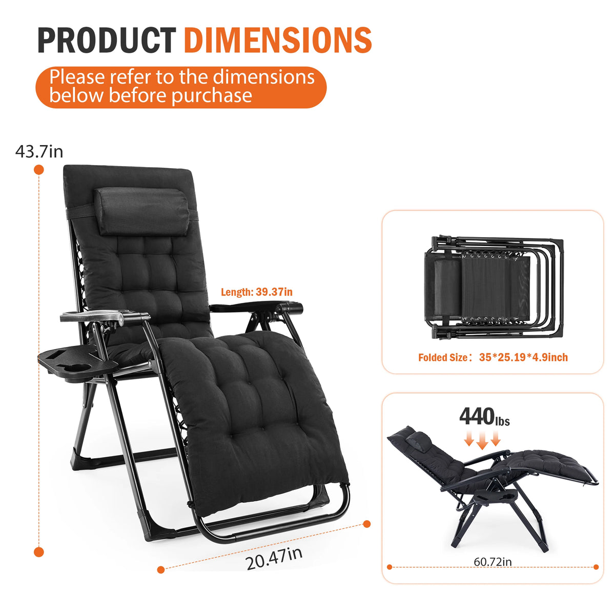 JHK Zero Gravity Reclining Camping Lounge Chair Cup Holder Trays