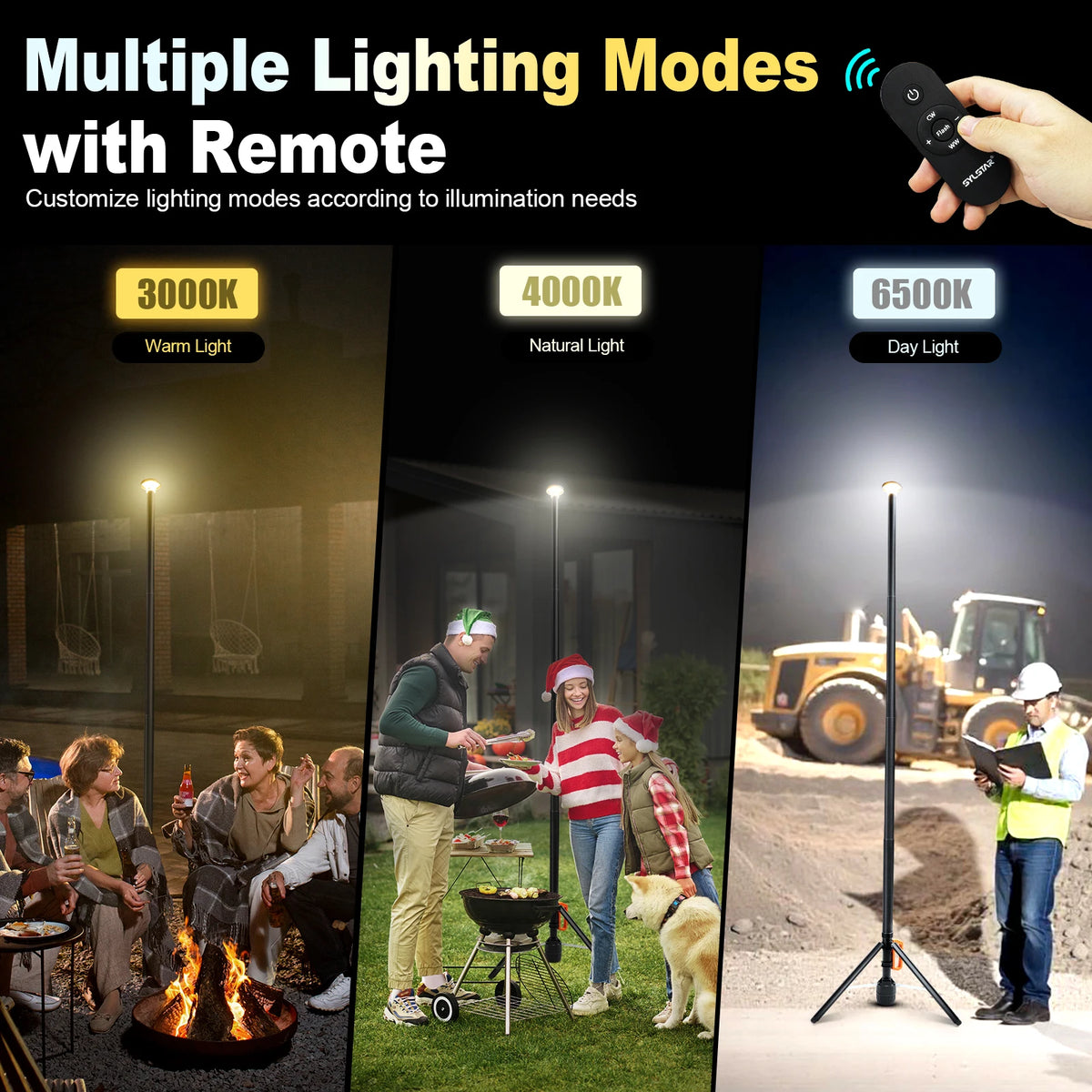 360° Rechargeable Work Light  Remote Control 8.4Ft Max Height 3000LM Ultra Bright 3CCT Dimmable Telescopic Camping Lights