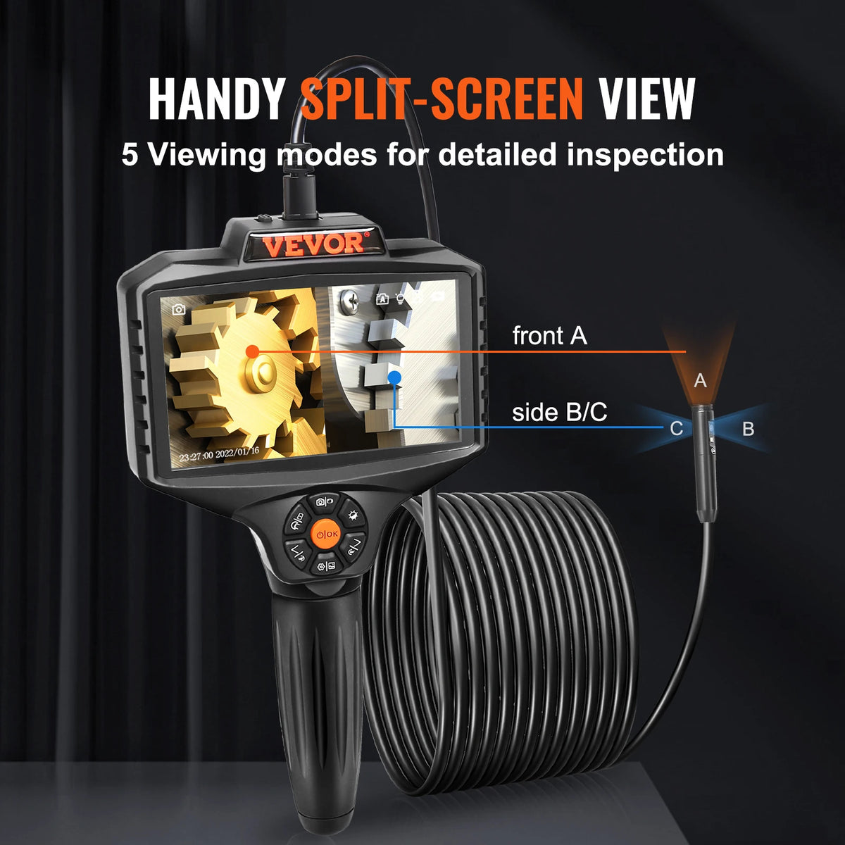 SucceBuy TripleLens Industrial Endoscope 5" IPS Screen Borescope Inspection Camera with Lights SplitScreen 8xZoomIP67 Waterproof