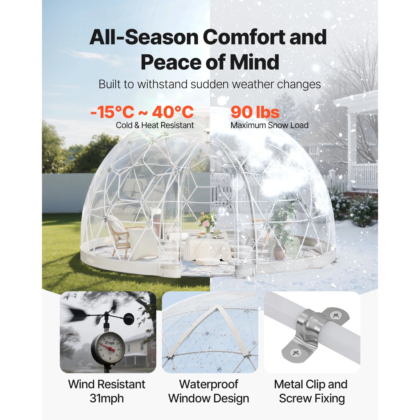 SucceBuy Garden Dome Tent Weatherproof Geodesic Dome Greenhouse with Window PVC Igloo Tents for Backyard Patios Camping Party