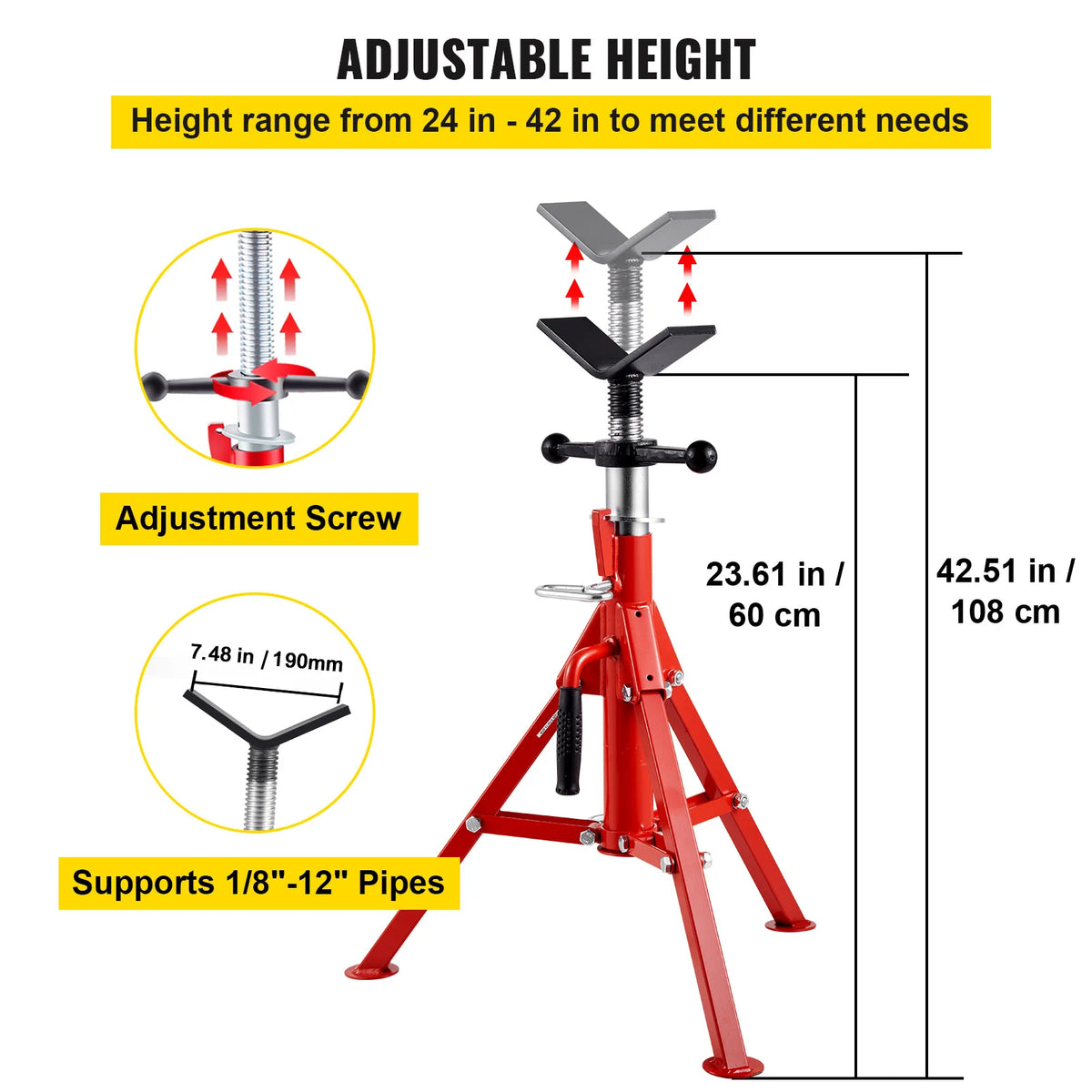 SucceBuy Pipe Holding Stand with Roller Head V-Head Folding Tripod 12 inch Capacity Pipe working Supporting Clamped Tool