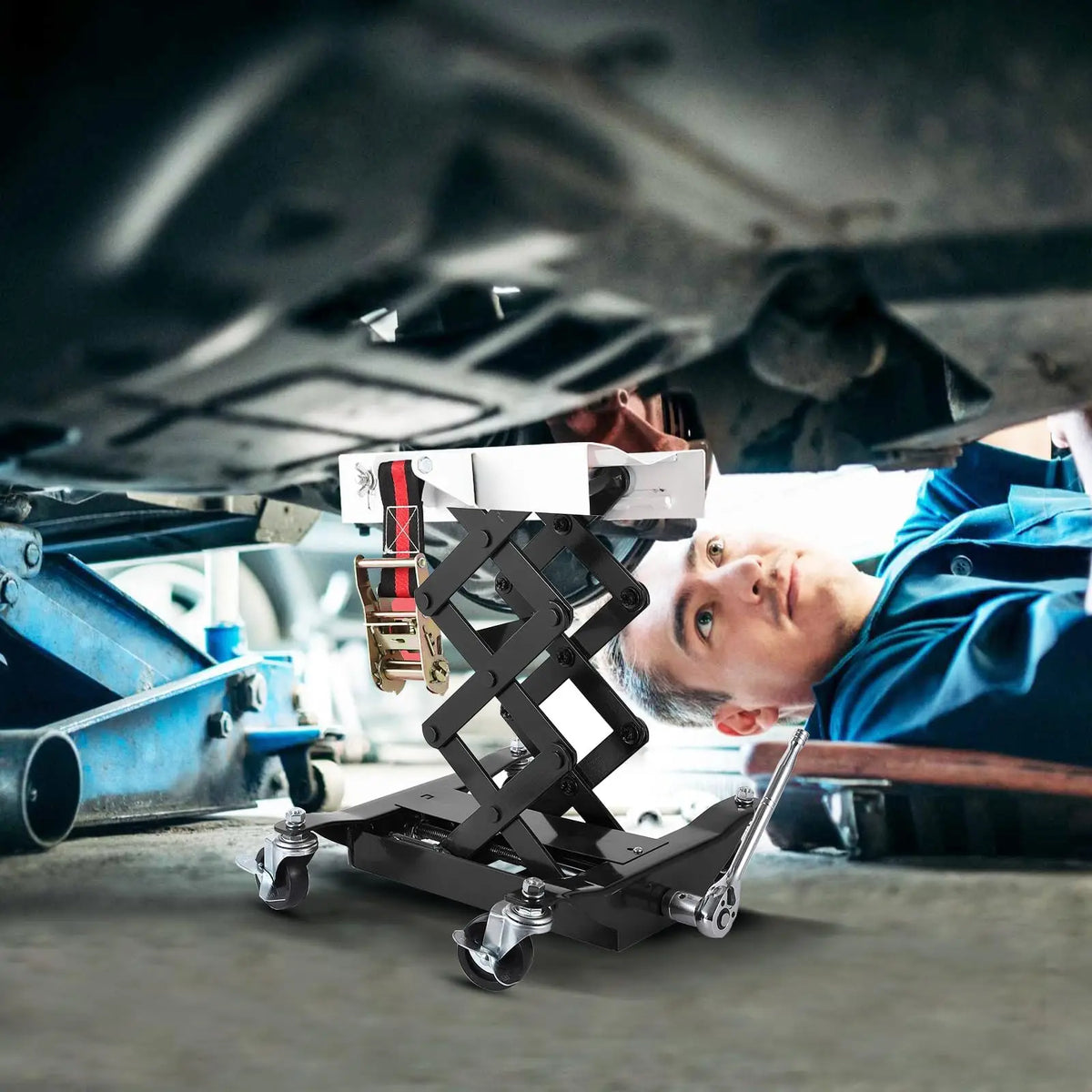 Transmission Jack 450 LBS Capacity: Low Profile Lift with 2M Safety Straps & 4 Brake Wheels, 7-23 Inch Range for Car & Truck Repair