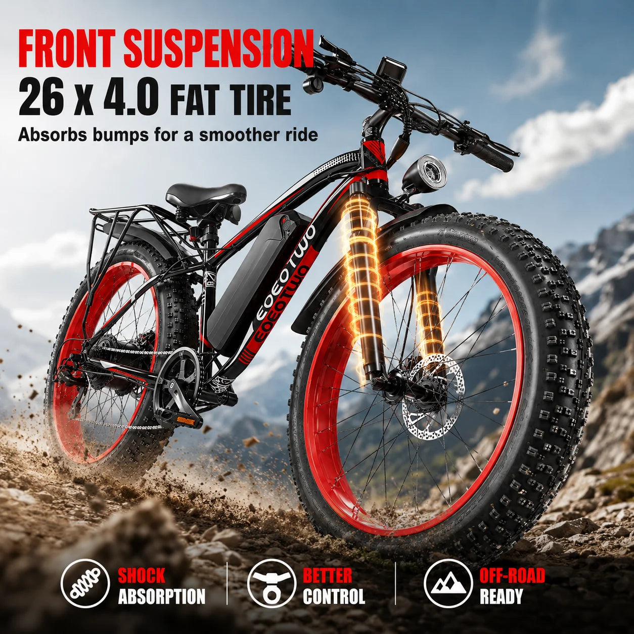 EOEOTWO E01 Heavy Duty Ebike, 400 LBS Capacity, 65Nm High Torque, Front Suspension, Rear Rack, 5 Riding Modes, Phone Holder with Charging