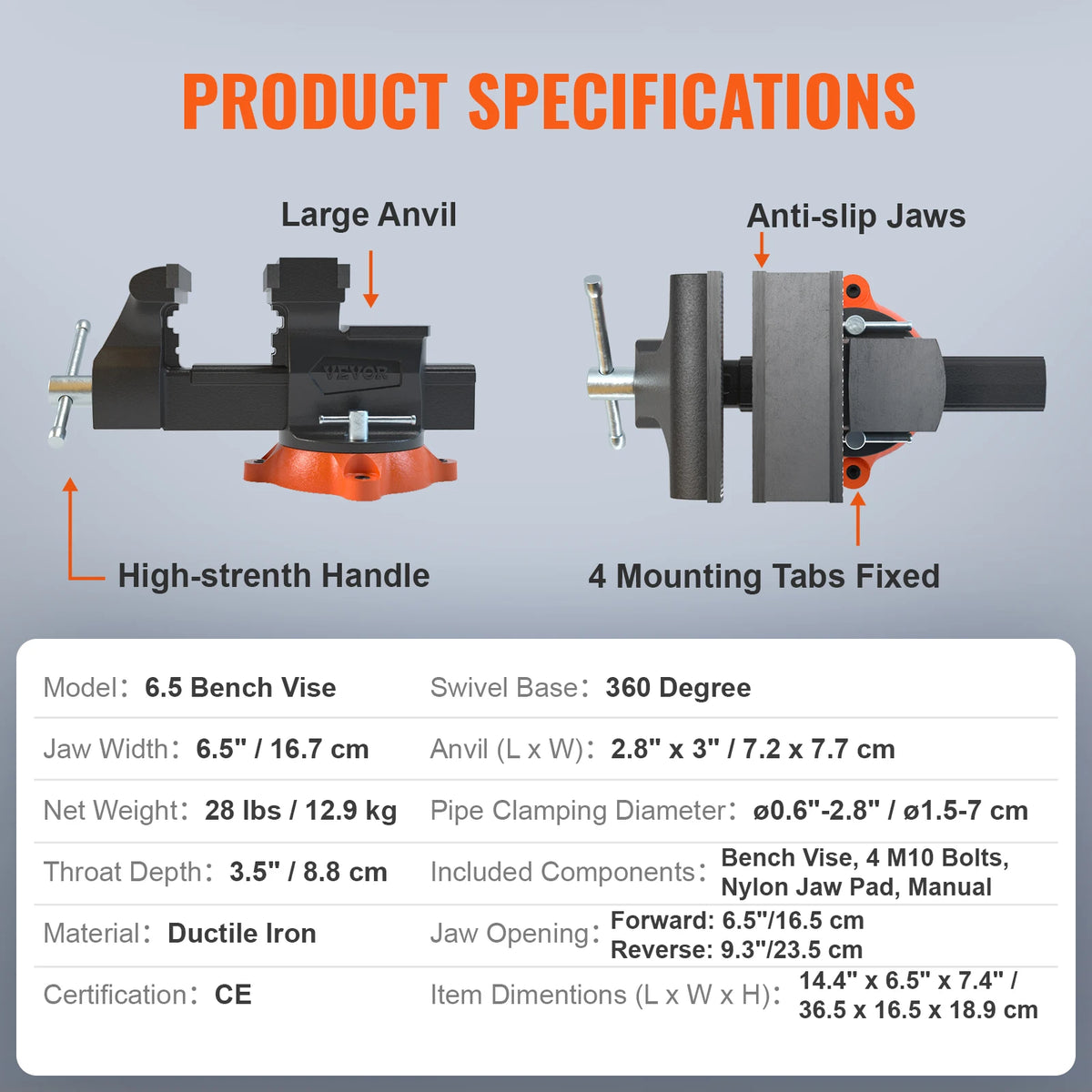 SucceBuy Bench Vise 4.5" 6" 6.5" Multipurpose, Swivel Base & Anvil Heavy Duty Cast Iron for Drilling, Conduit Cutting, Sanding