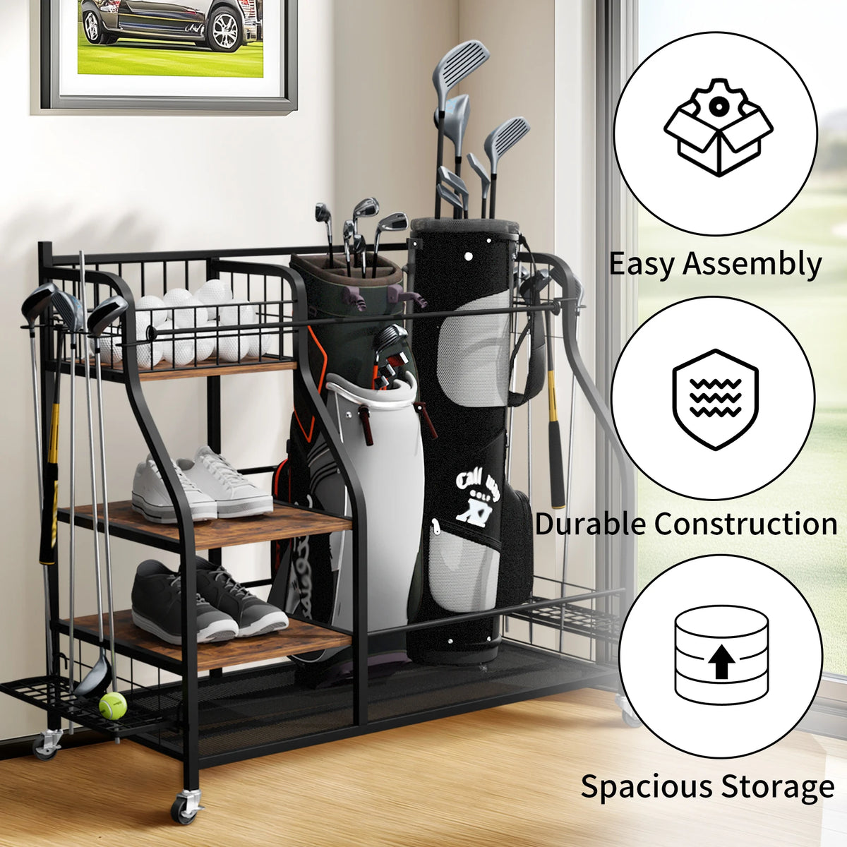 Rolling Metal Sports Equipment Storage Rack With Wheels