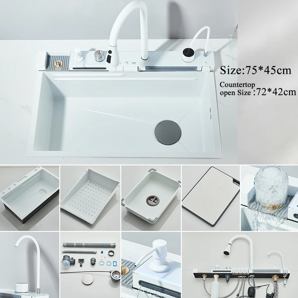 MYQualife 304 Stainless Steel Waterfall Kitchen Sink With Digital Display Faucet