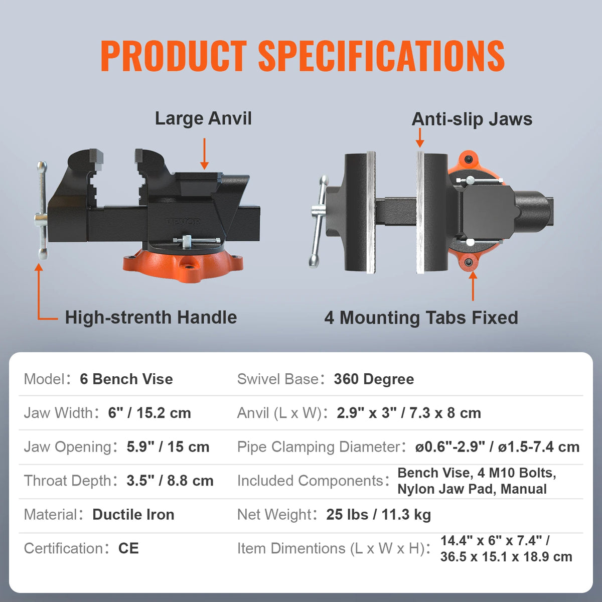 SucceBuy Bench Vise 4.5" 6" 6.5" Multipurpose, Swivel Base & Anvil Heavy Duty Cast Iron for Drilling, Conduit Cutting, Sanding