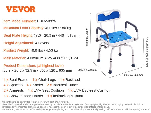 SucceBuy Swivel Shower Chair 360 Degree Adjustable With Armrest Backrest