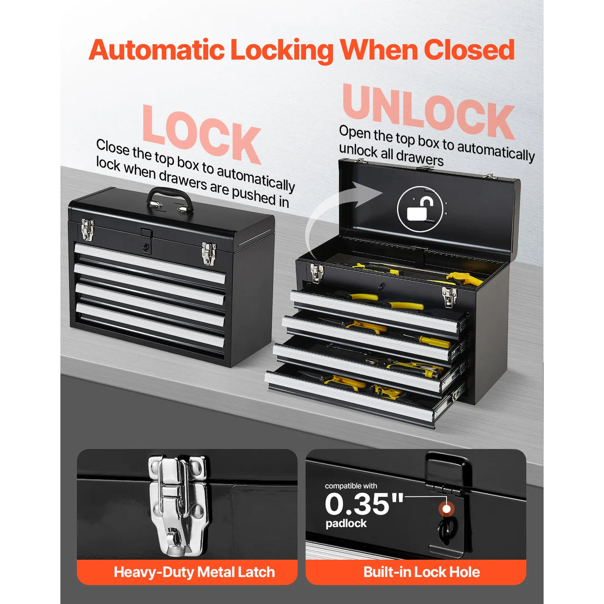SucceBuy Four Drawer Portable Metal Toolbox With Secure Locking