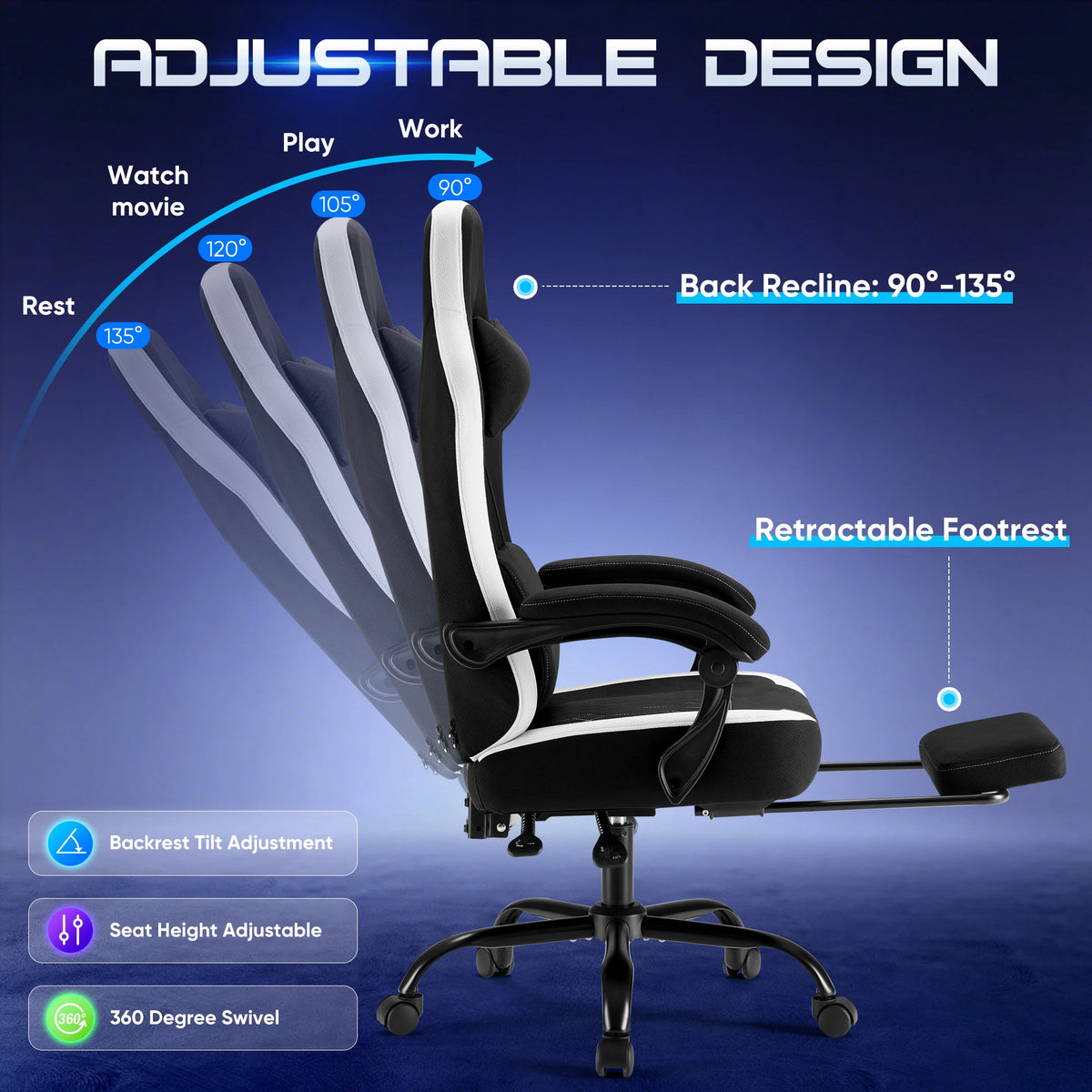 JHK Ergonomic Gaming Chair Adjustable Height Lumbar Support Home Office