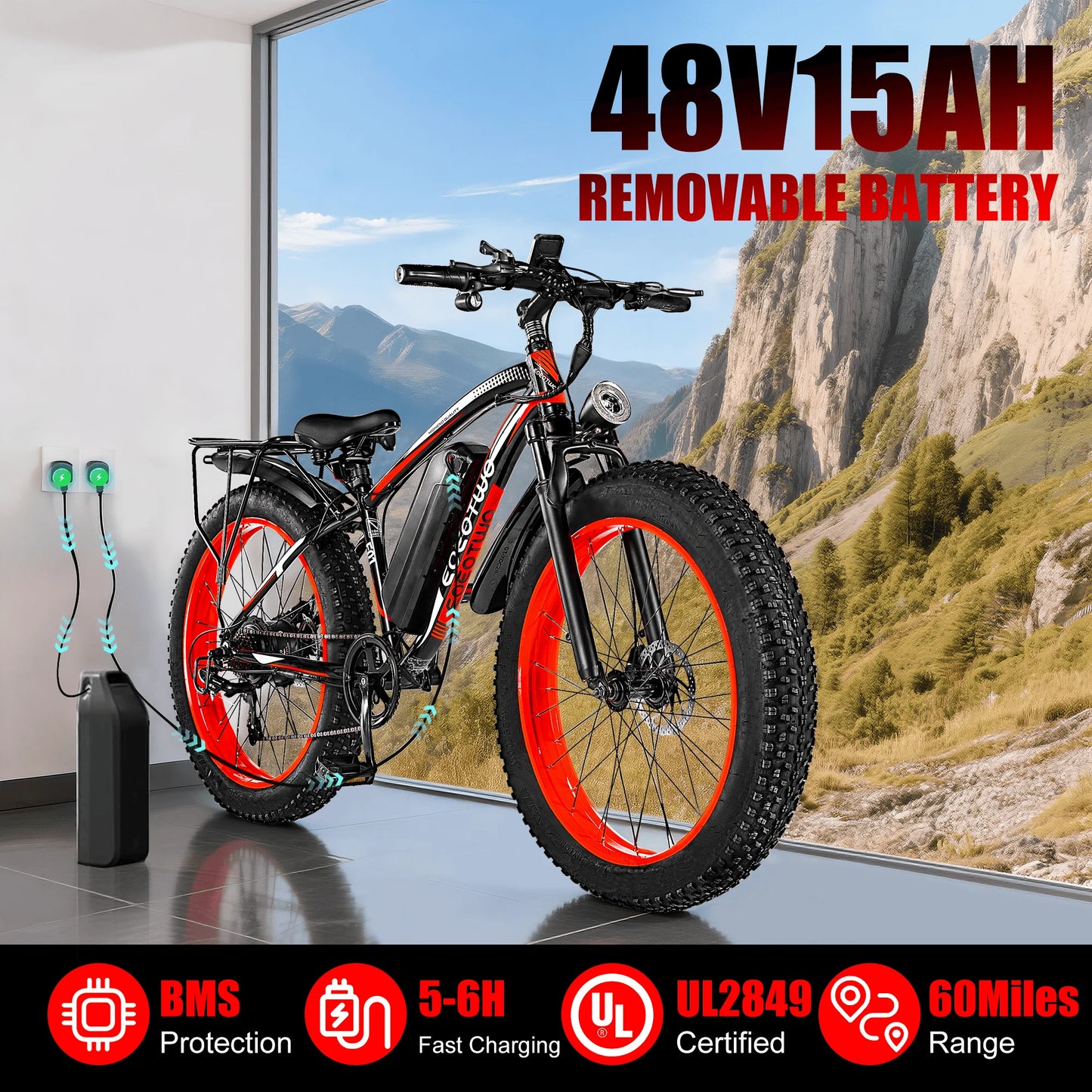 EOEOTWO E01 Heavy Duty Ebike, 400 LBS Capacity, 65Nm High Torque, Front Suspension, Rear Rack, 5 Riding Modes, Phone Holder with Charging