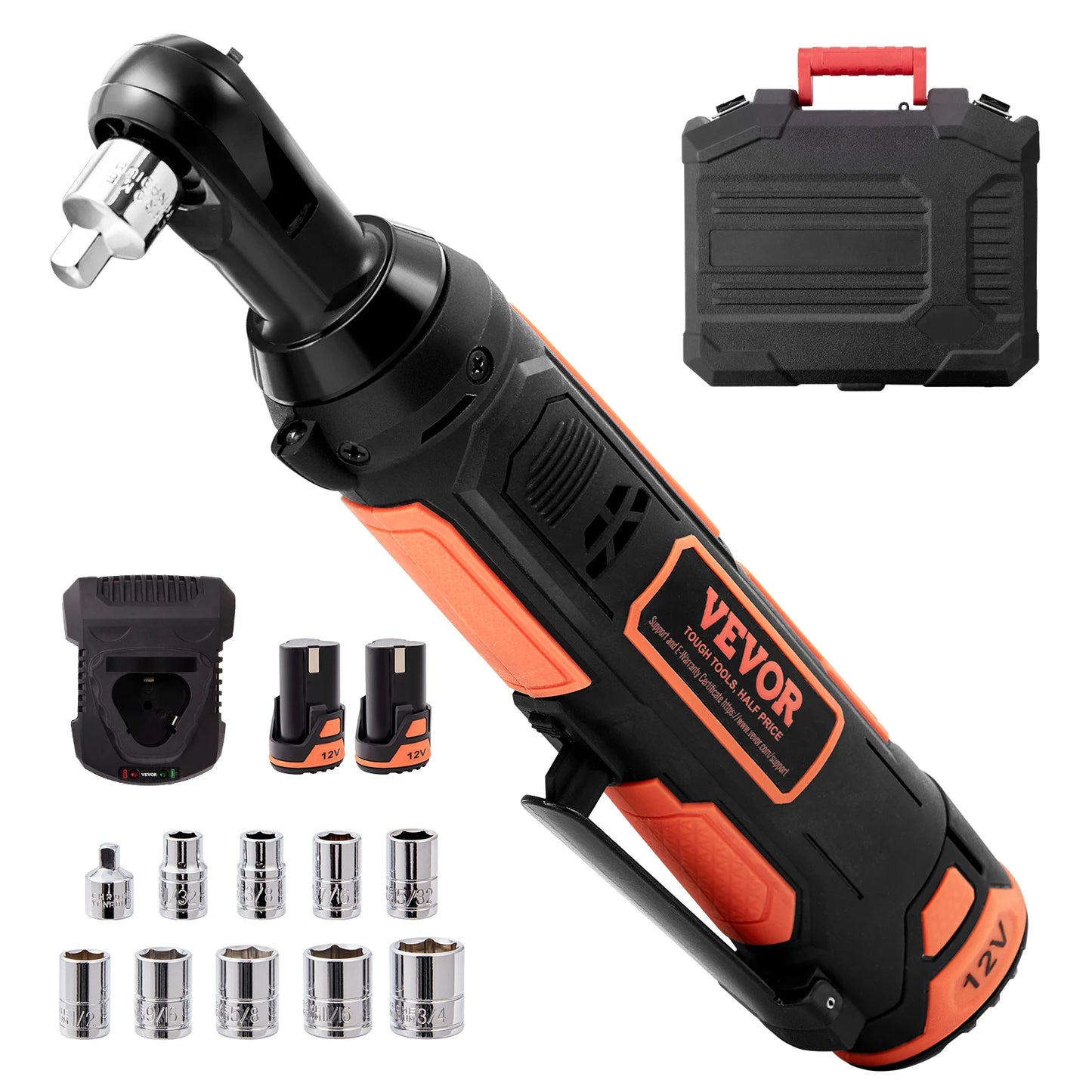 SucceBuy 3/8  Cordless Electric Ratchet Wrench Set 12V 33 Ft-lbs Power Ratchet Tool Kit 45-Min Fast Charge 2-Pack 2.0Ah Battery