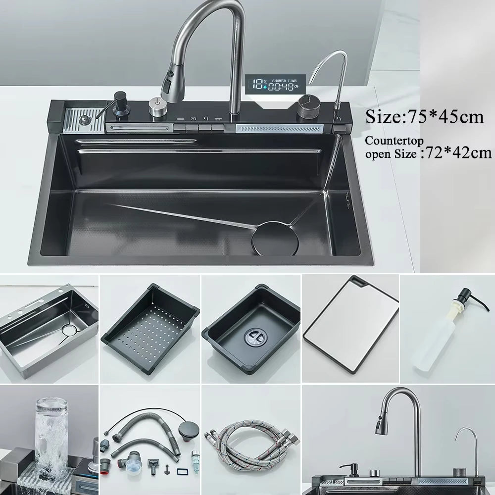 MYQualife 304 Stainless Steel Waterfall Kitchen Sink With Digital Display Faucet