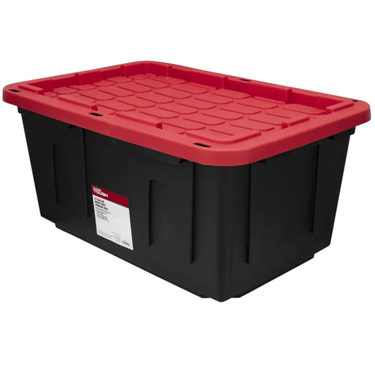 Heavy Duty Large 27 Gallon Plastic Storage Container with Snap Lock Lid Black and Red Tote Bin for Organizing