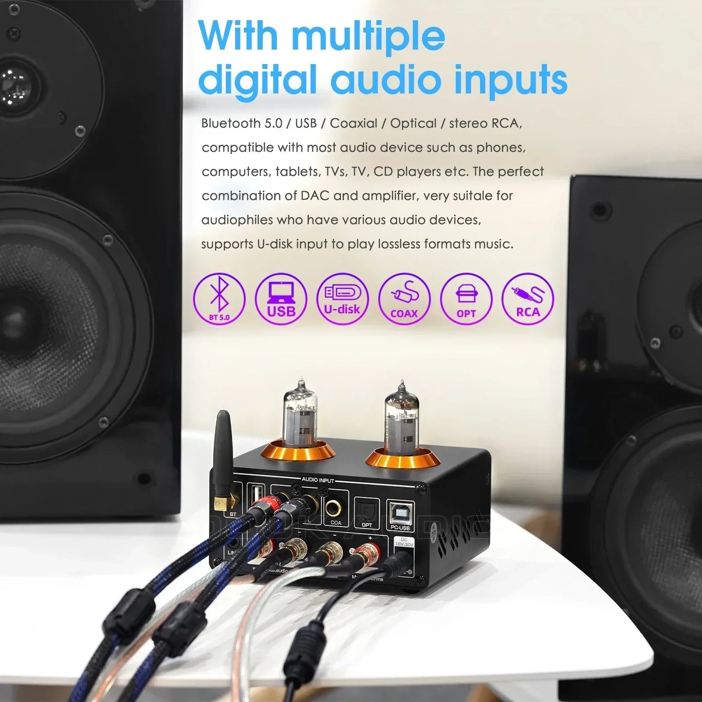 Nobsound HiFi Bluetooth 5.0 Vacuum Tube Amplifier USB DAC Stereo Receiver COAX/OPT Home Audio Digital Amp w/VU Meter 100W+100W