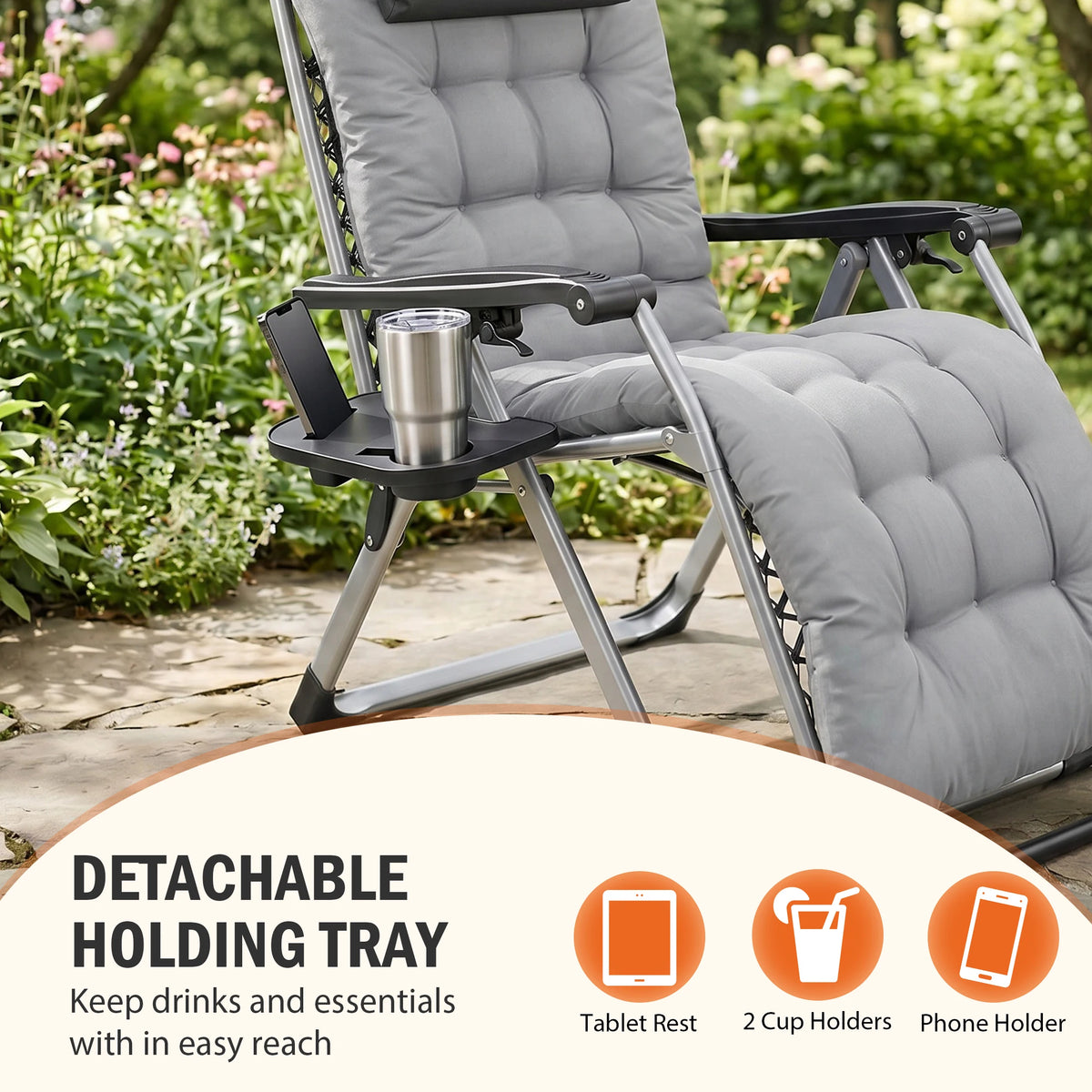 JHK Zero Gravity Reclining Camping Lounge Chair Cup Holder Trays