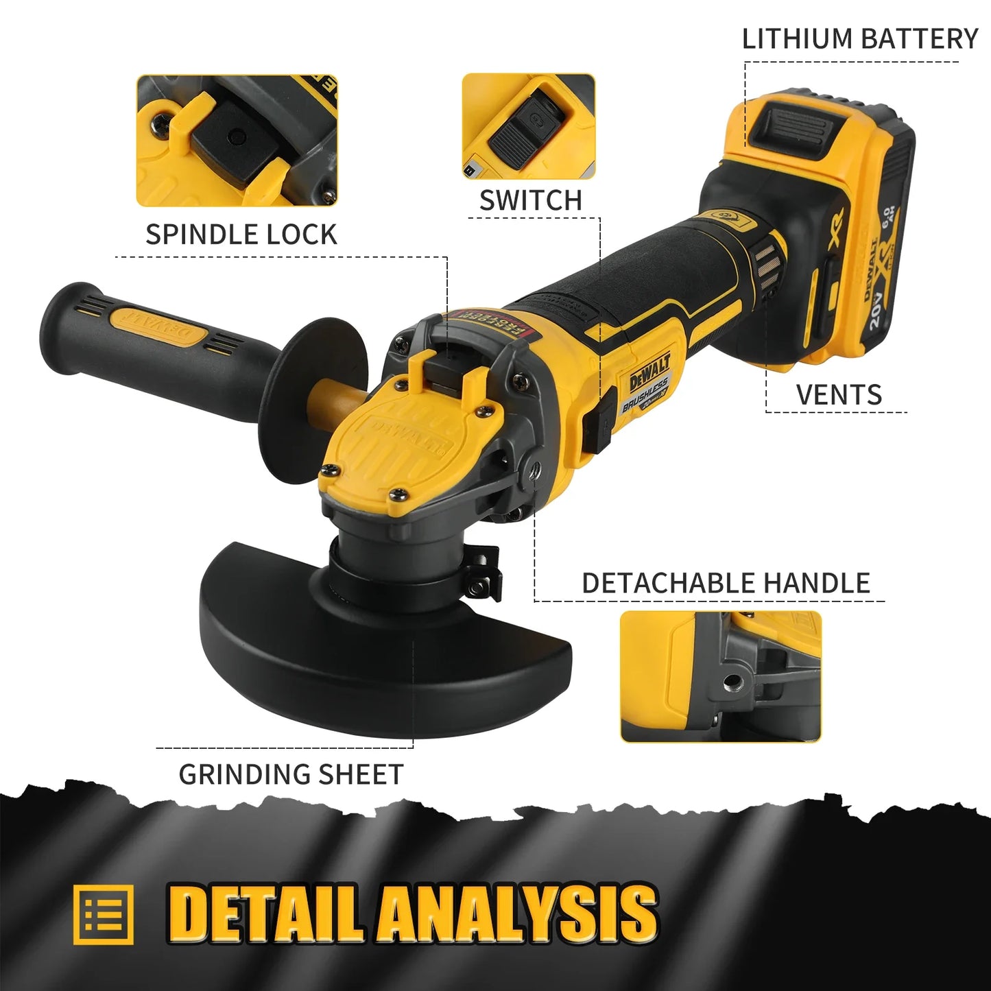 DEWALT DCG409 20V Brushless 125mm Flat Head Angle Grinder, Cordless Tool for Cutting and Grinding Various Tasks