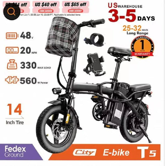 T5 14-inch Foldable Electric Bike 48V 750W Peak Power 20MPH 499Wh Long Range Lightweight Ebike with Dual Disc Brake And Basket for Adult Commute 22 Miles