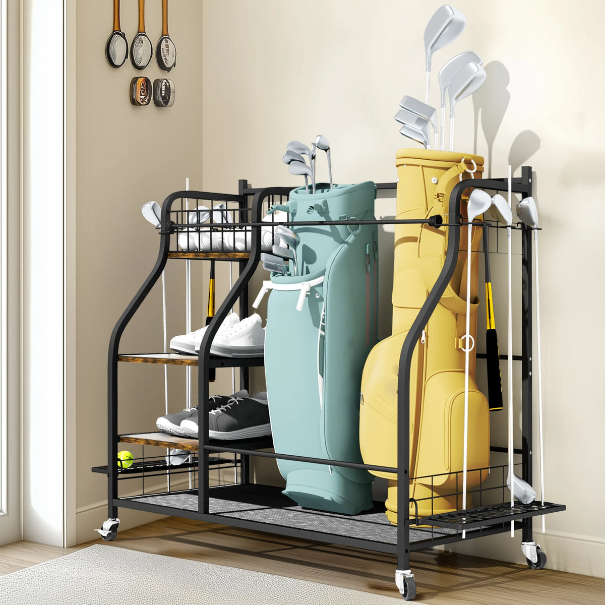 Rolling Metal Sports Equipment Storage Rack With Wheels