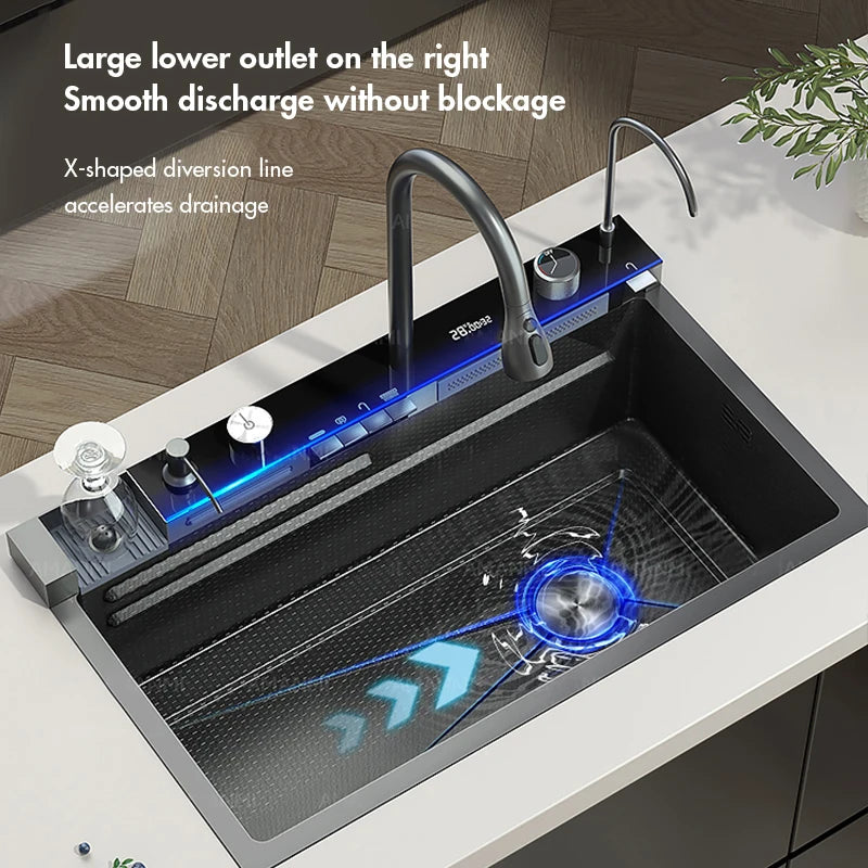 MYQualife 304 Stainless Steel Waterfall Kitchen Sink With Digital Display Faucet