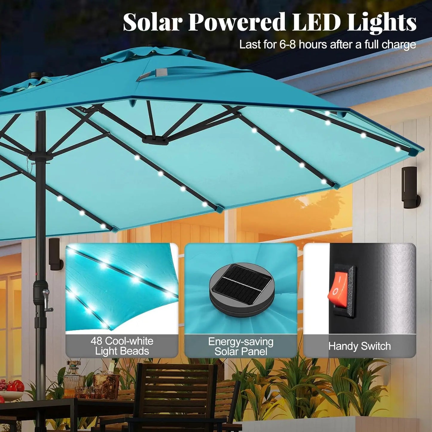 15FT Double-Sided Solar Patio Umbrella, Extra-Large Outdoor Twin Umbrella with 48 LED Lights, Vented Top, Customized