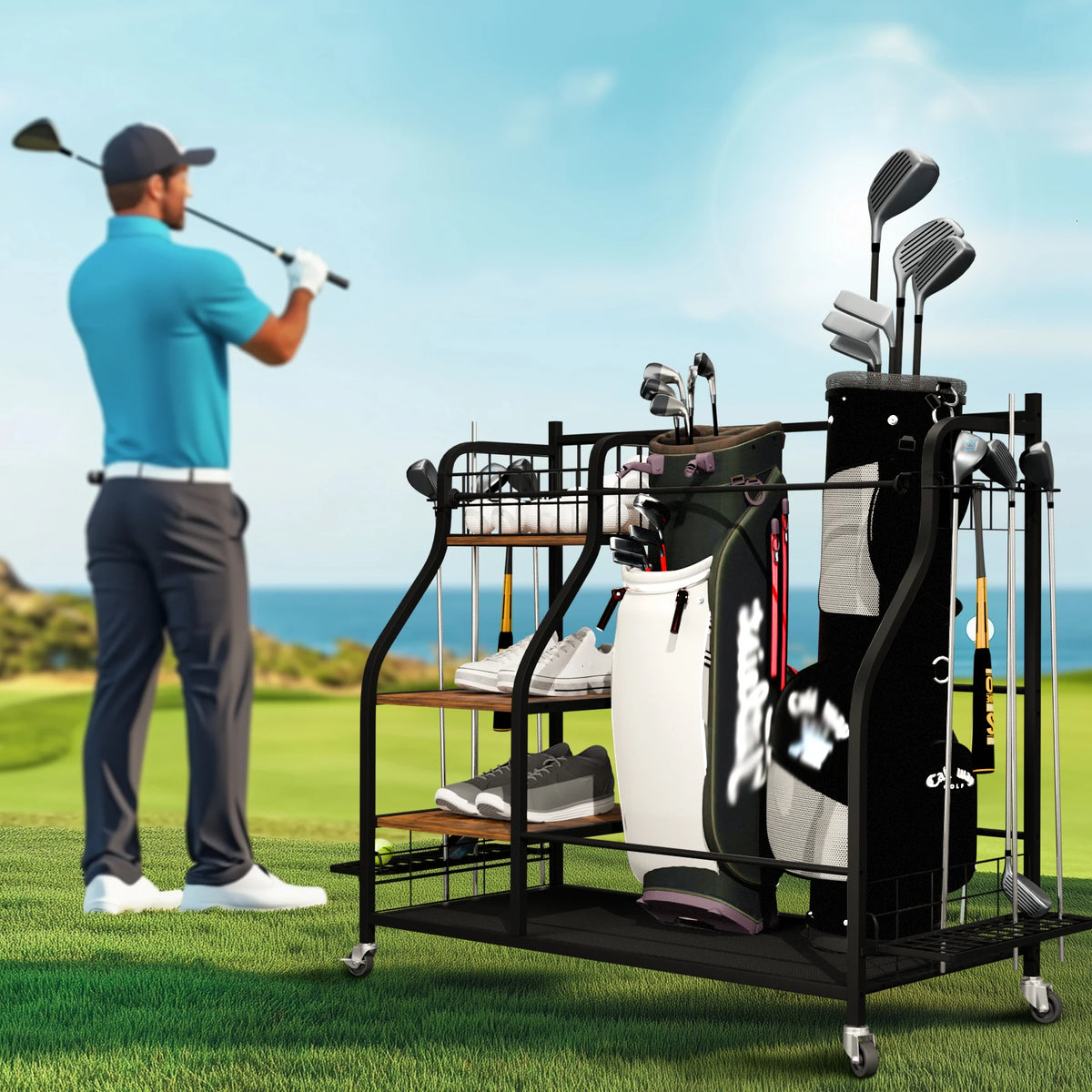 Rolling Metal Sports Equipment Storage Rack With Wheels