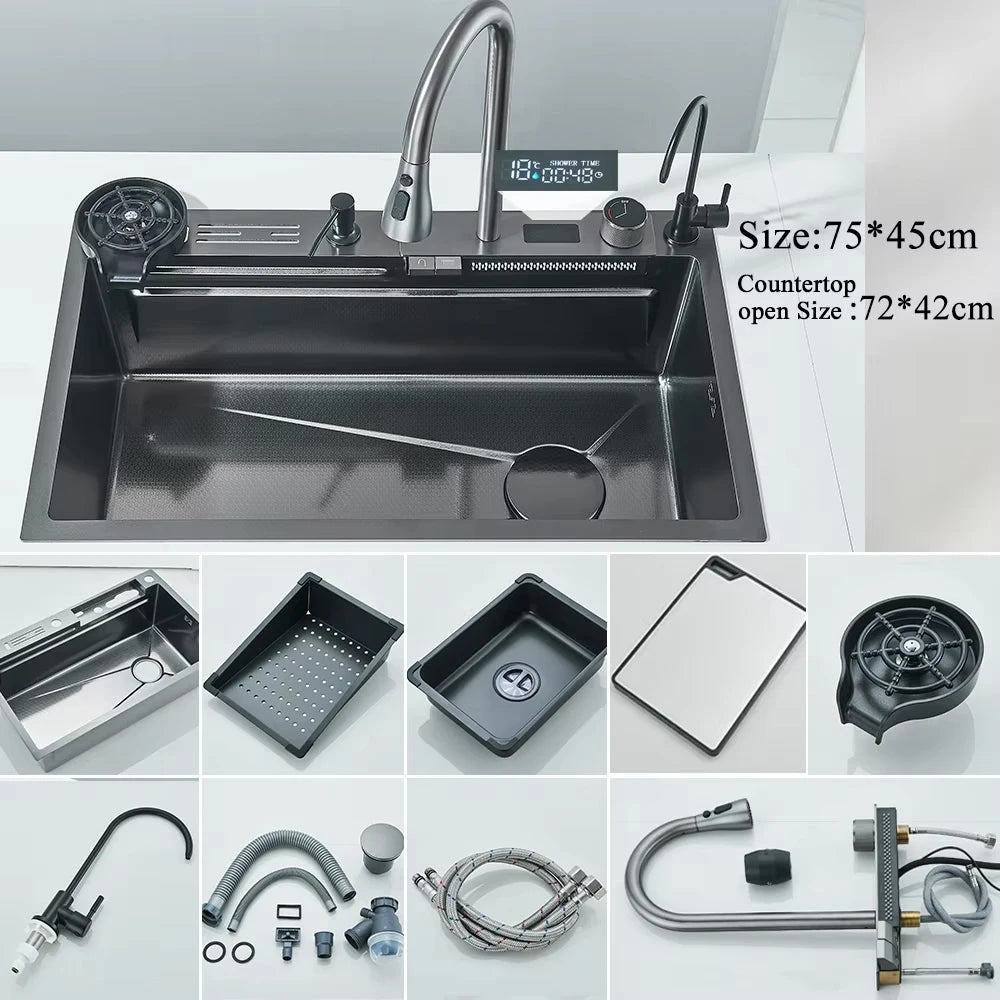 MYQualife 304 Stainless Steel Waterfall Kitchen Sink With Digital Display Faucet