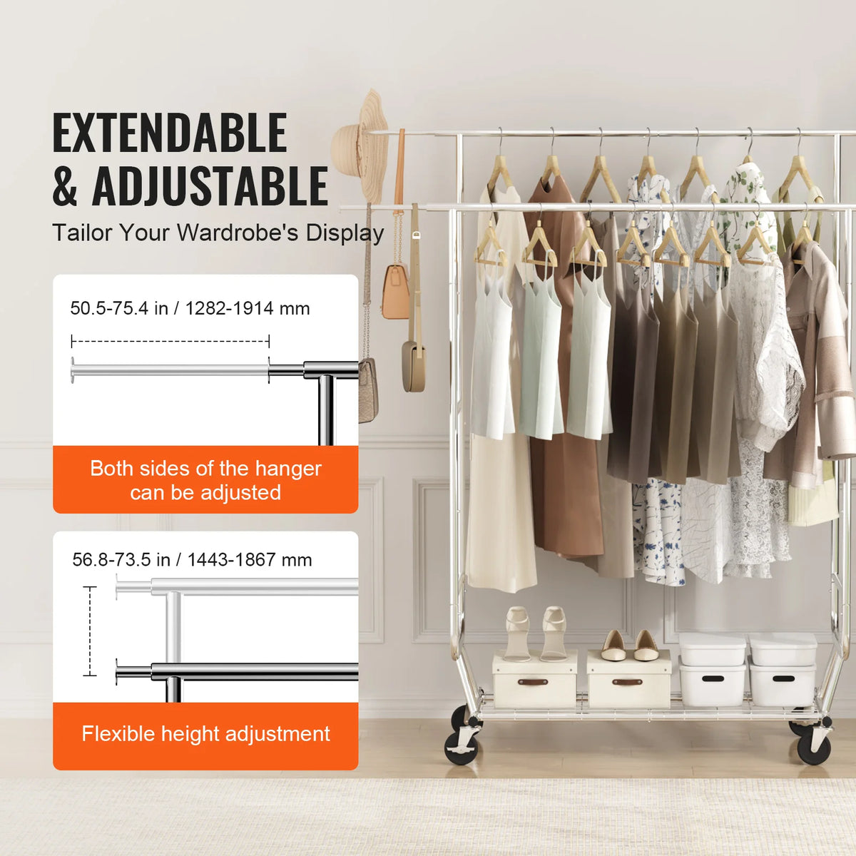 SucceBuy Heavy Duty Bamboo Clothes Rack With Shelf And Wheels