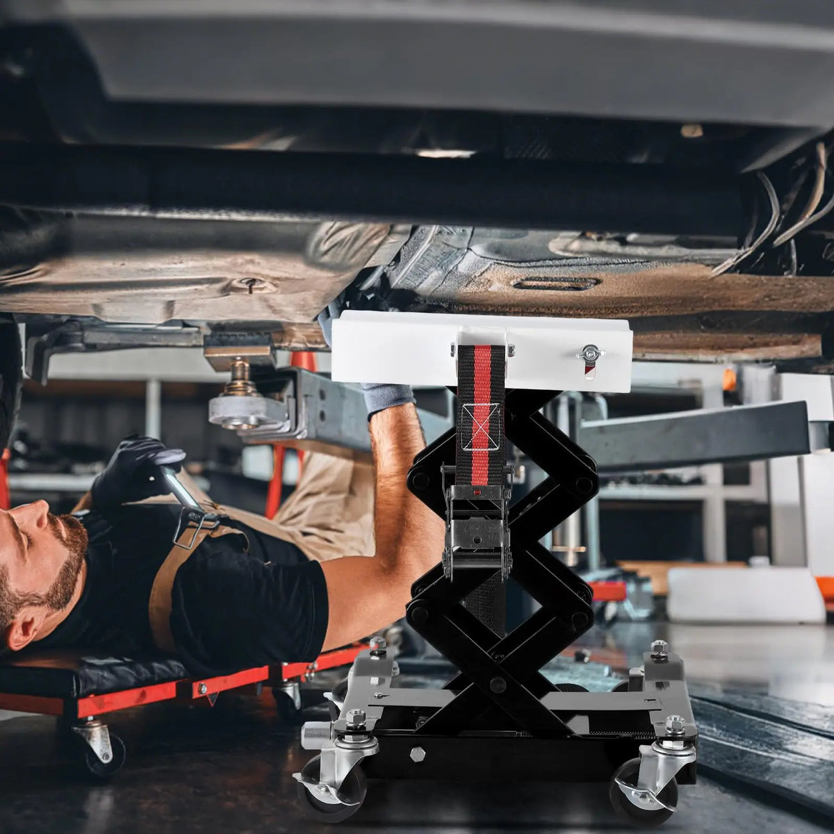 Transmission Jack 450 LBS Capacity: Low Profile Lift with 2M Safety Straps & 4 Brake Wheels, 7-23 Inch Range for Car & Truck Repair
