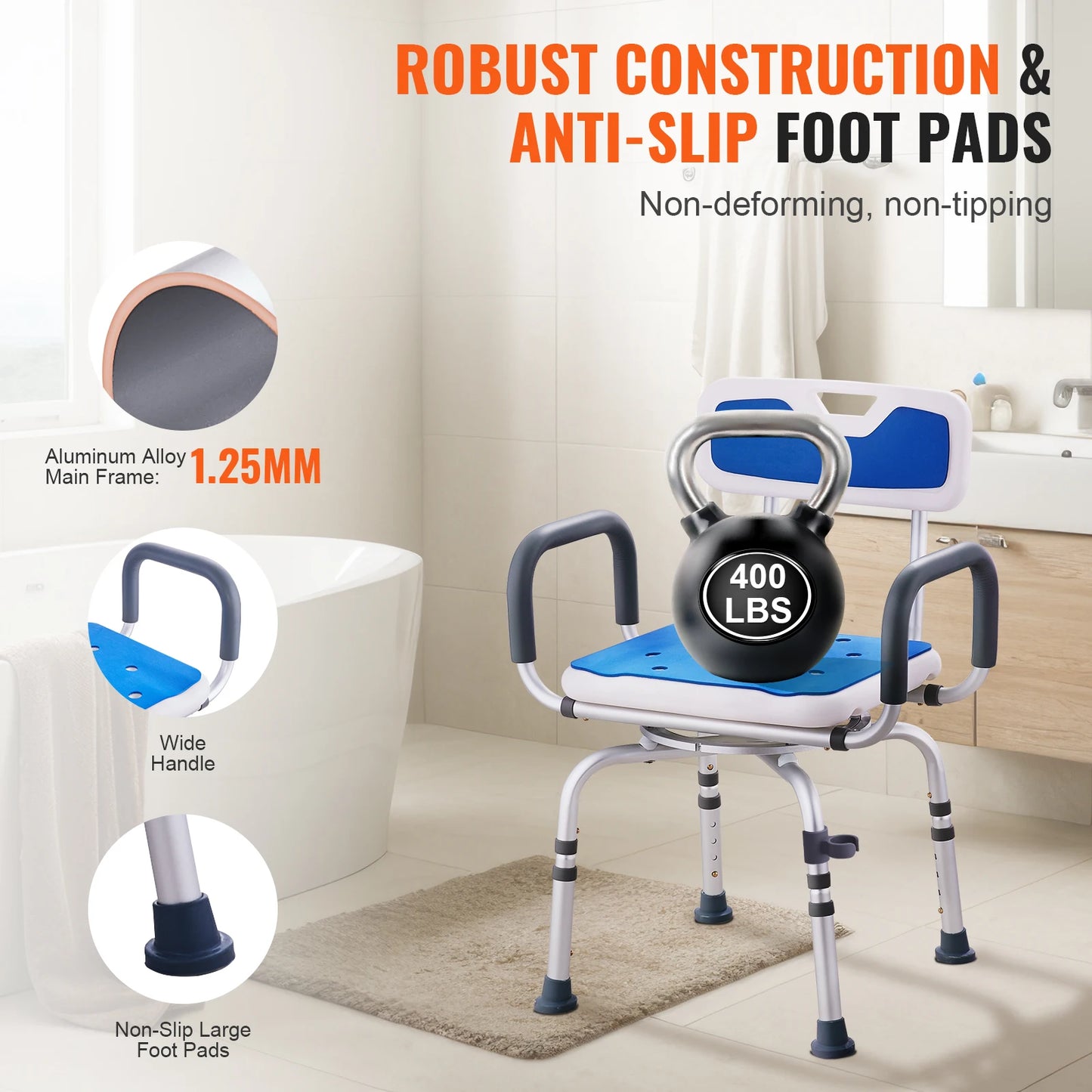 SucceBuy Swivel Shower Chair 360 Degree Adjustable With Armrest Backrest