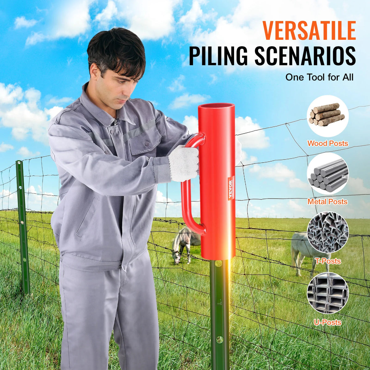 SucceBuy Fence Post Driver with Handle T Post Pole Pounder Heavy Duty Carbon Steel Hand Post Rammer Fencing Hole Digger