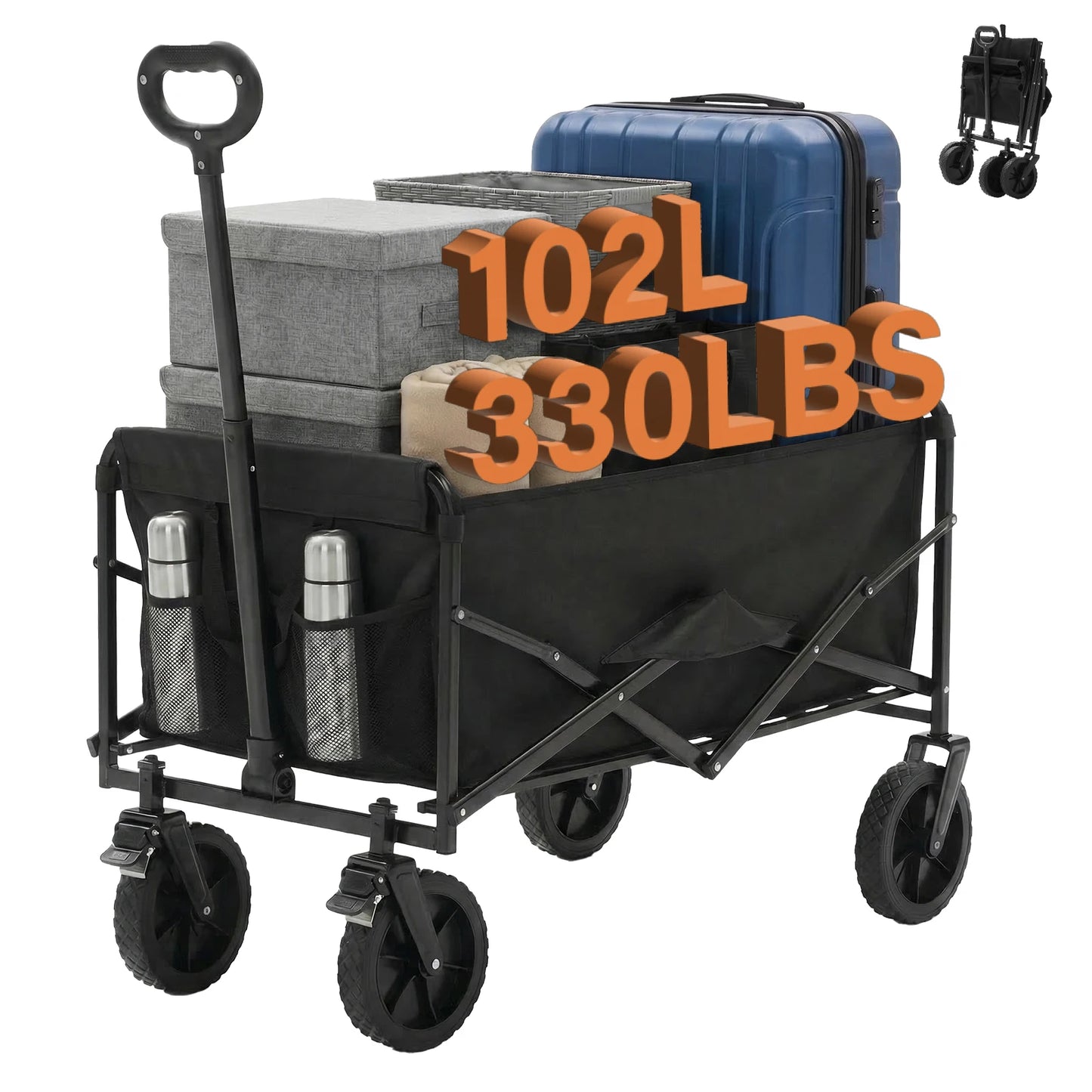 JHK 102L Heavy Duty Collapsible Wagon Cart Utility Folding Wagon with Wheels 330 lbs Weight CapacityFlexible Handle for Camping