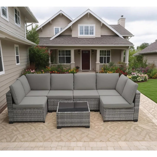 7 Pieces Outdoor Patio Furniture Set, All-Weather Sectional Sofa PE Rattan Wicker with Glass Table & Washable Cushions, Custom