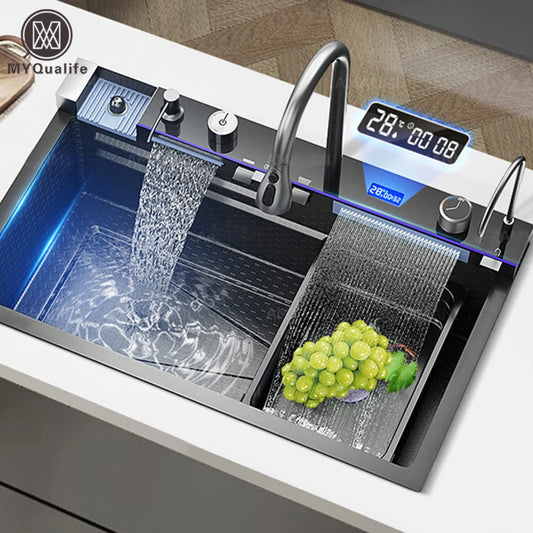 MYQualife 304 Stainless Steel Waterfall Kitchen Sink With Digital Display Faucet