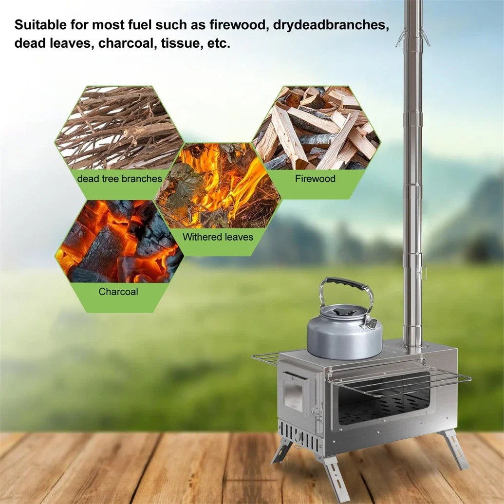 Wood Burning Portable Stove With Six Stainless Chimney Pipes