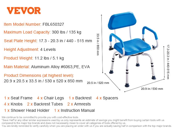 SucceBuy Swivel Shower Chair 360 Degree Adjustable With Armrest Backrest