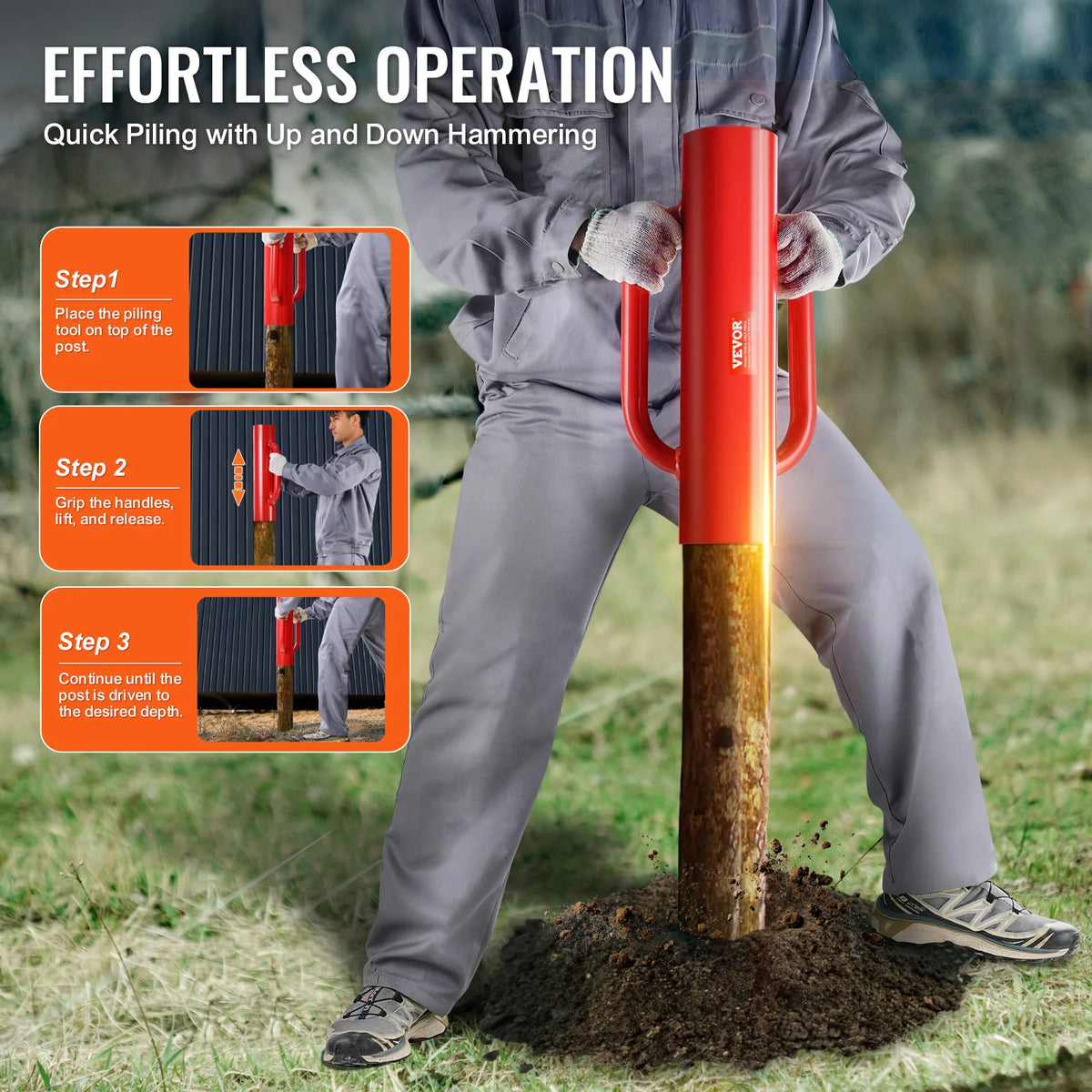 SucceBuy Fence Post Driver with Handle T Post Pole Pounder Heavy Duty Carbon Steel Hand Post Rammer Fencing Hole Digger
