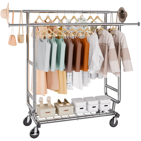 SucceBuy Heavy Duty Garment Rack With Wheels And Bottom Shelf