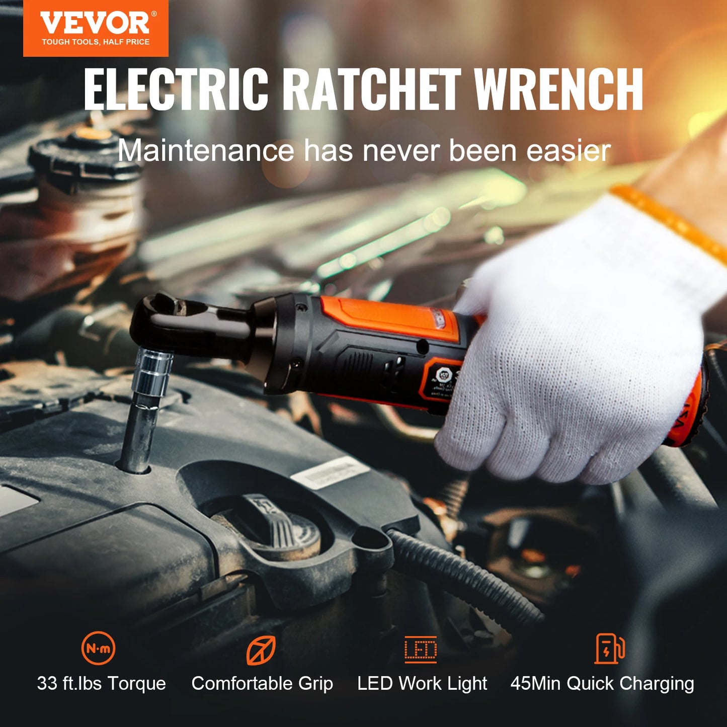 SucceBuy 3/8  Cordless Electric Ratchet Wrench Set 12V 33 Ft-lbs Power Ratchet Tool Kit 45-Min Fast Charge 2-Pack 2.0Ah Battery