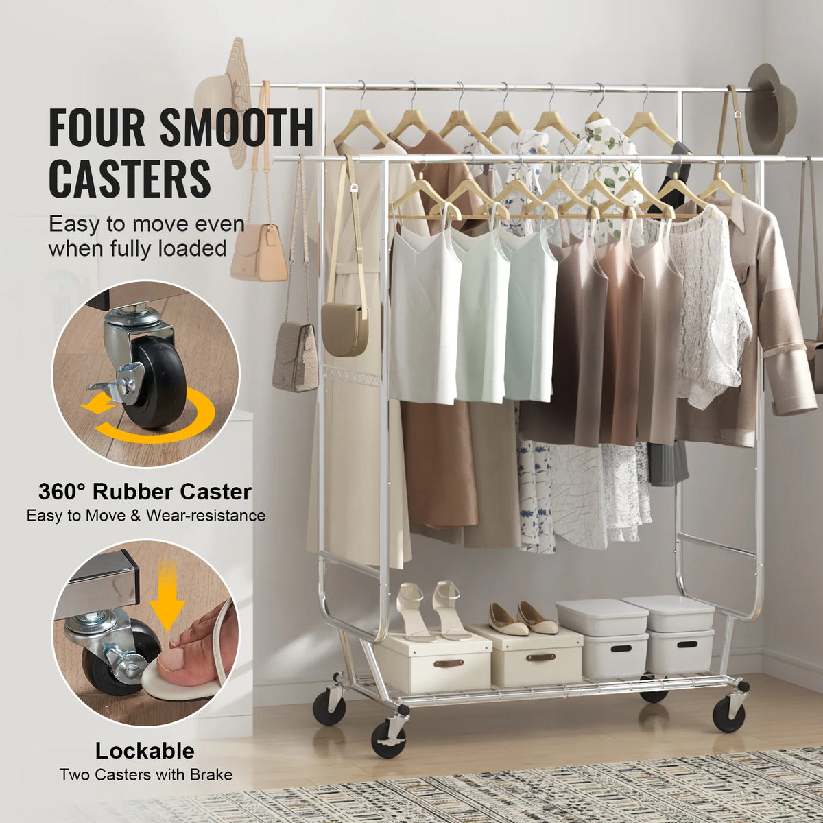 SucceBuy Heavy Duty Bamboo Clothes Rack With Shelf And Wheels