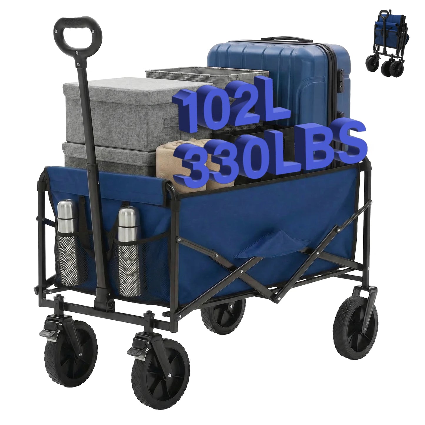 JHK 102L Heavy Duty Collapsible Wagon Cart Utility Folding Wagon with Wheels 330 lbs Weight CapacityFlexible Handle for Camping