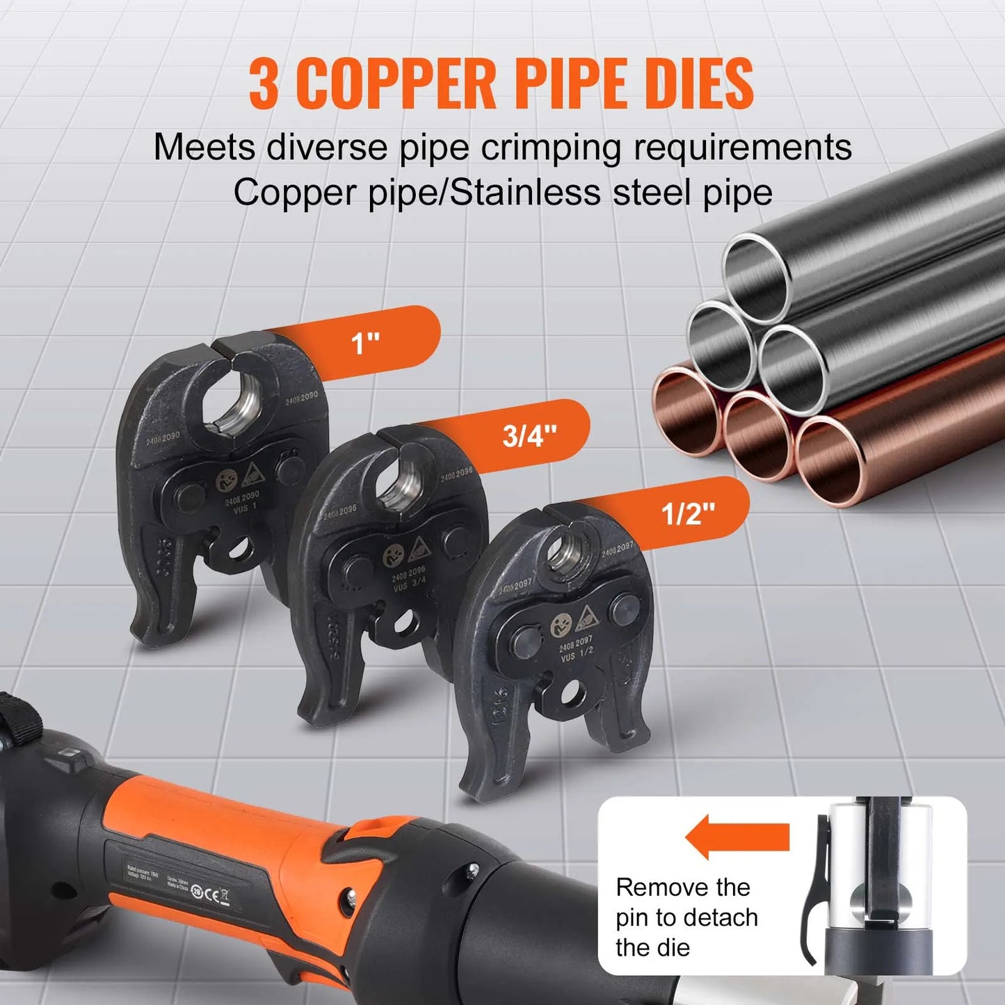 SucceBuy Press Tool 18V Electric Pipe Crimping Tool for 1/2" 3/4" 1" Copper Pipes Press Tool Kit with 3 Jaws 2Pcs Battery Compatible with Propress