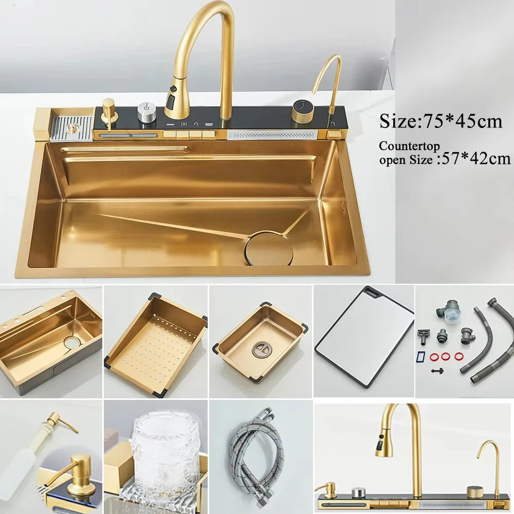 MYQualife 304 Stainless Steel Waterfall Kitchen Sink With Digital Display Faucet