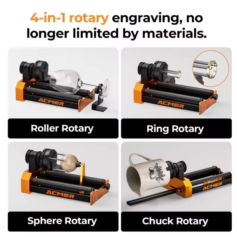 ACMER M4 Laser Rotary Module 4th Axis Rotary For Rotary Axis Clamp Diameter 4-64mm Accessories Curved Surface 3-Jaw for Glass