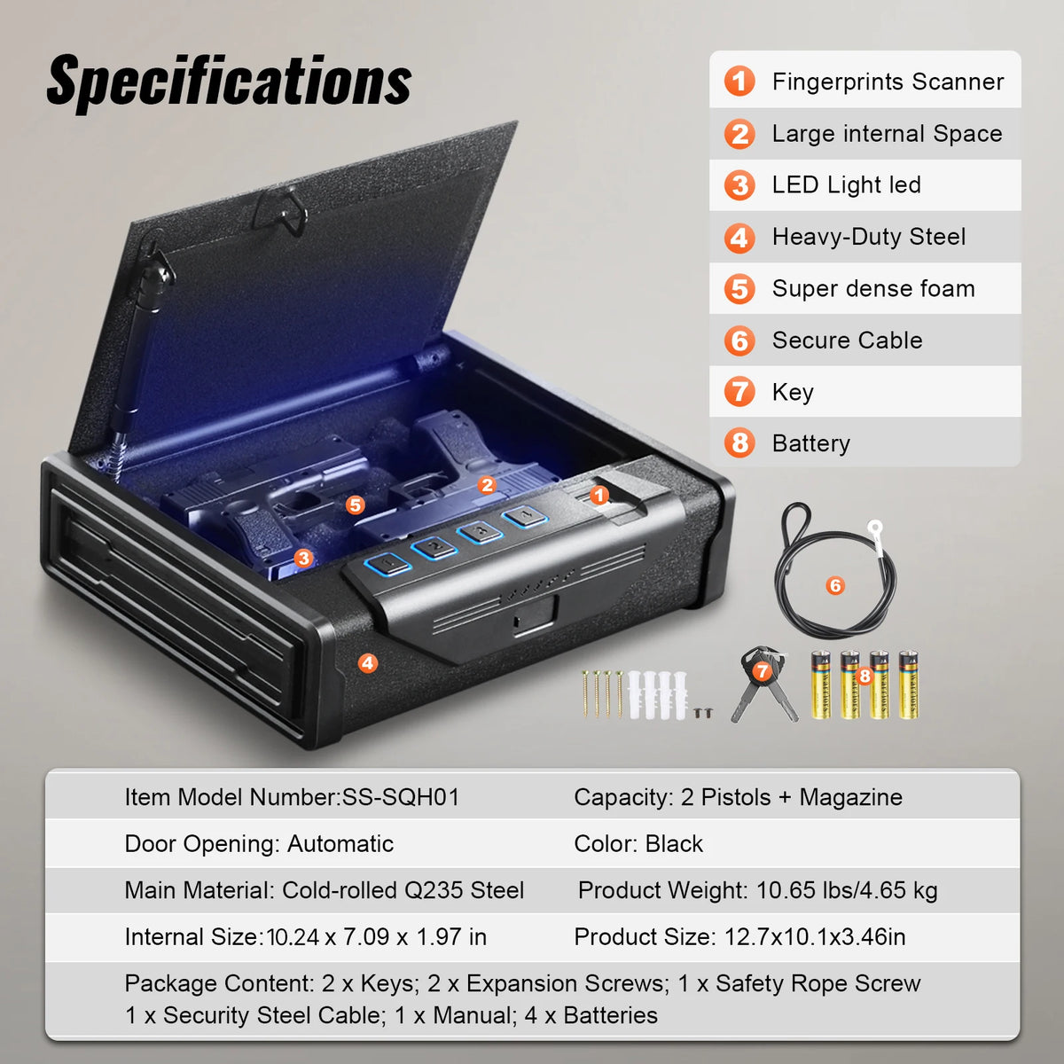 SucceBuy Gun Safe Q235 Steel Pistol Safe 3-Way Quick Access Firearm Case Gun Box Advanced Biometric Technology Travel Gun Safe