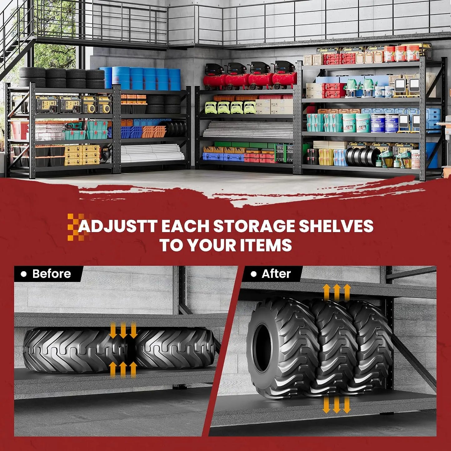 71" Wide Storage Shelves, 5000LBS Garage Shelving Heavy Duty, Standing Shelf Units, 4 Tier Metal Adjustable Storage, Customized
