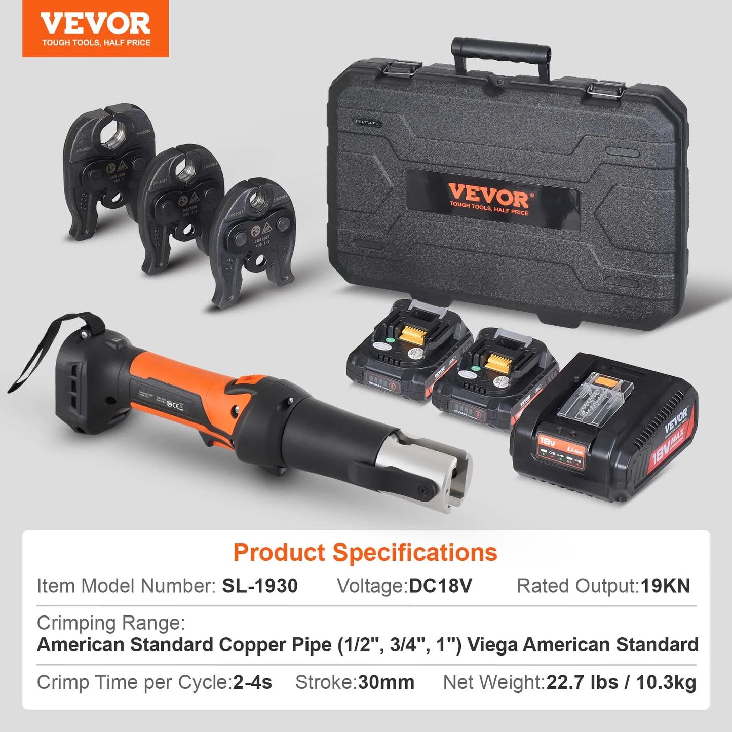 SucceBuy Press Tool 18V Electric Pipe Crimping Tool for 1/2" 3/4" 1" Copper Pipes Press Tool Kit with 3 Jaws 2Pcs Battery Compatible with Propress