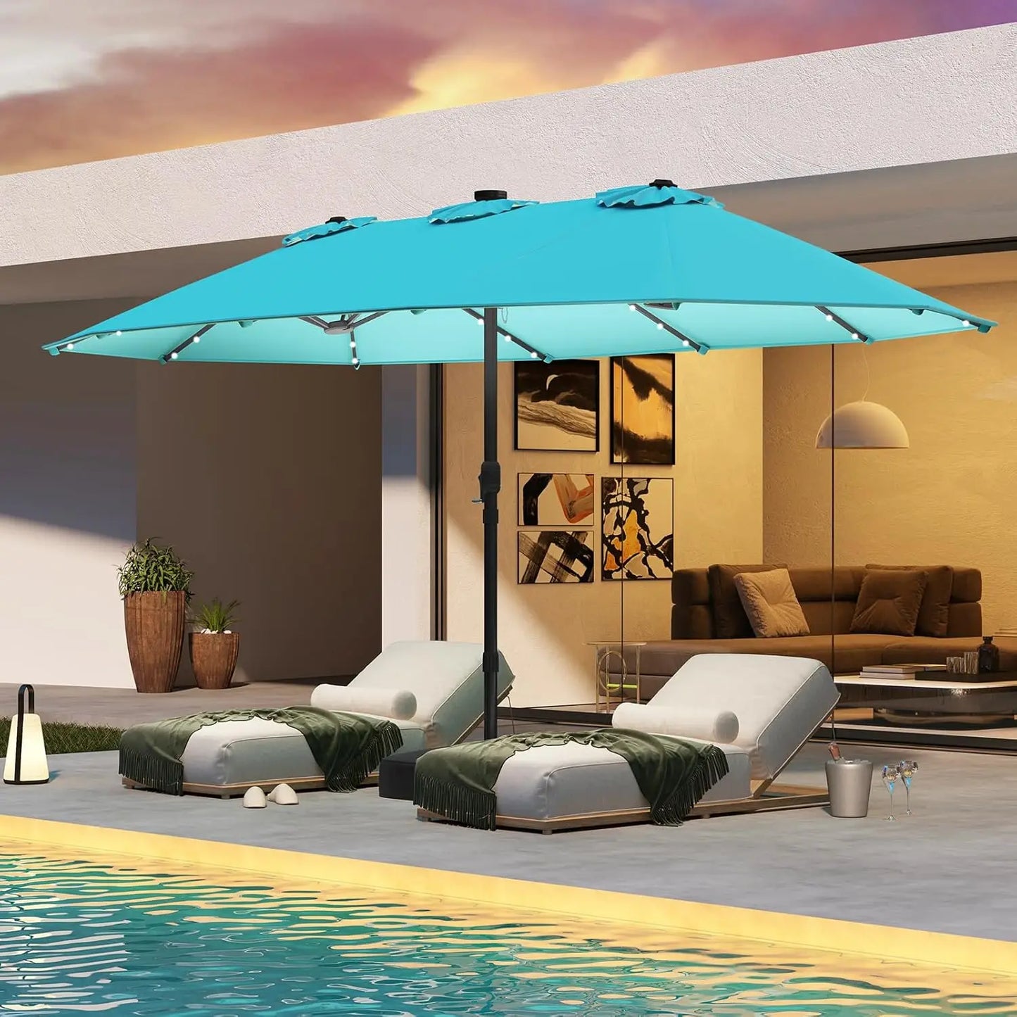 15FT Double-Sided Solar Patio Umbrella, Extra-Large Outdoor Twin Umbrella with 48 LED Lights, Vented Top, Customized